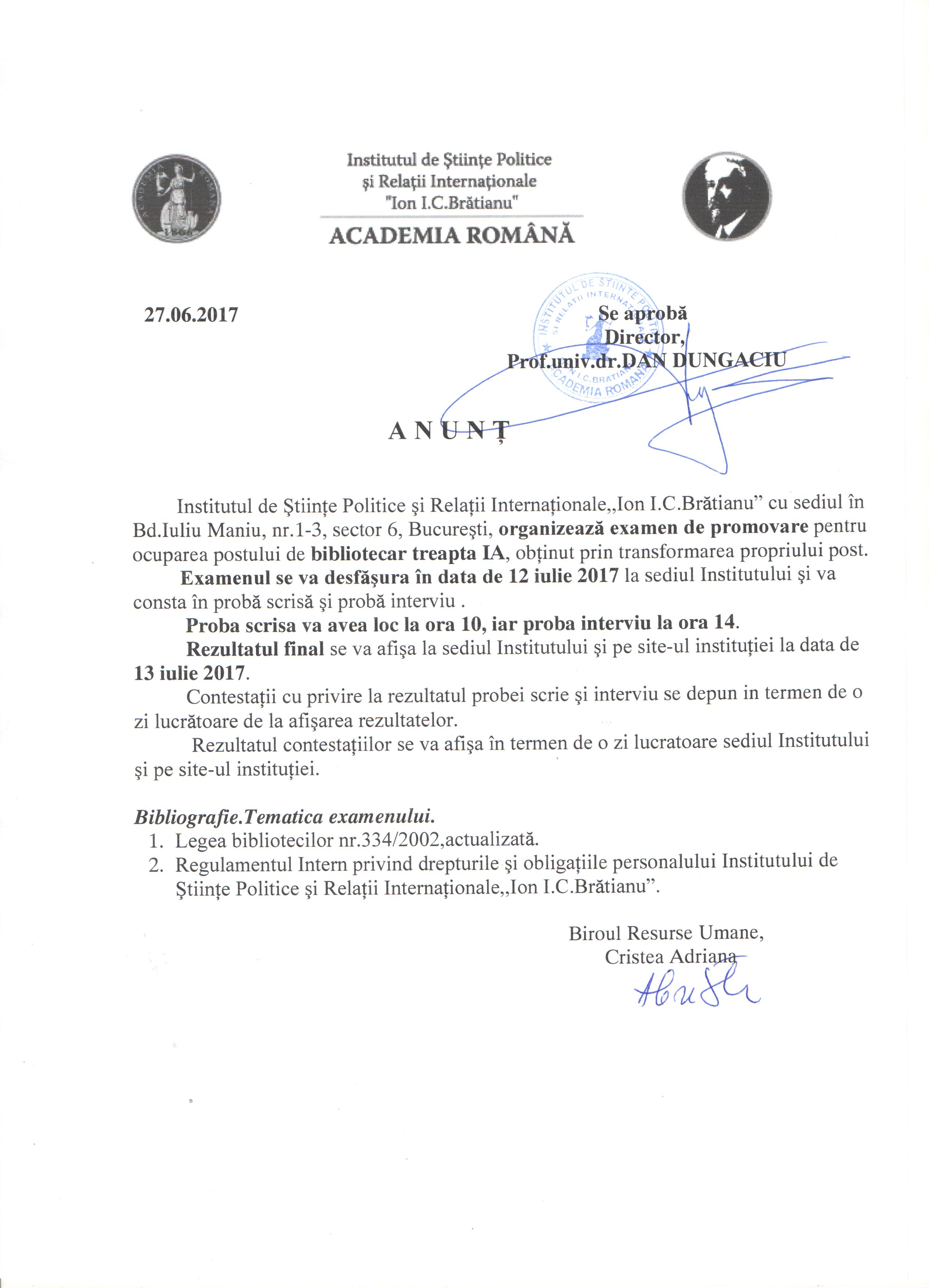 Anunt promovare bibliotecar I A