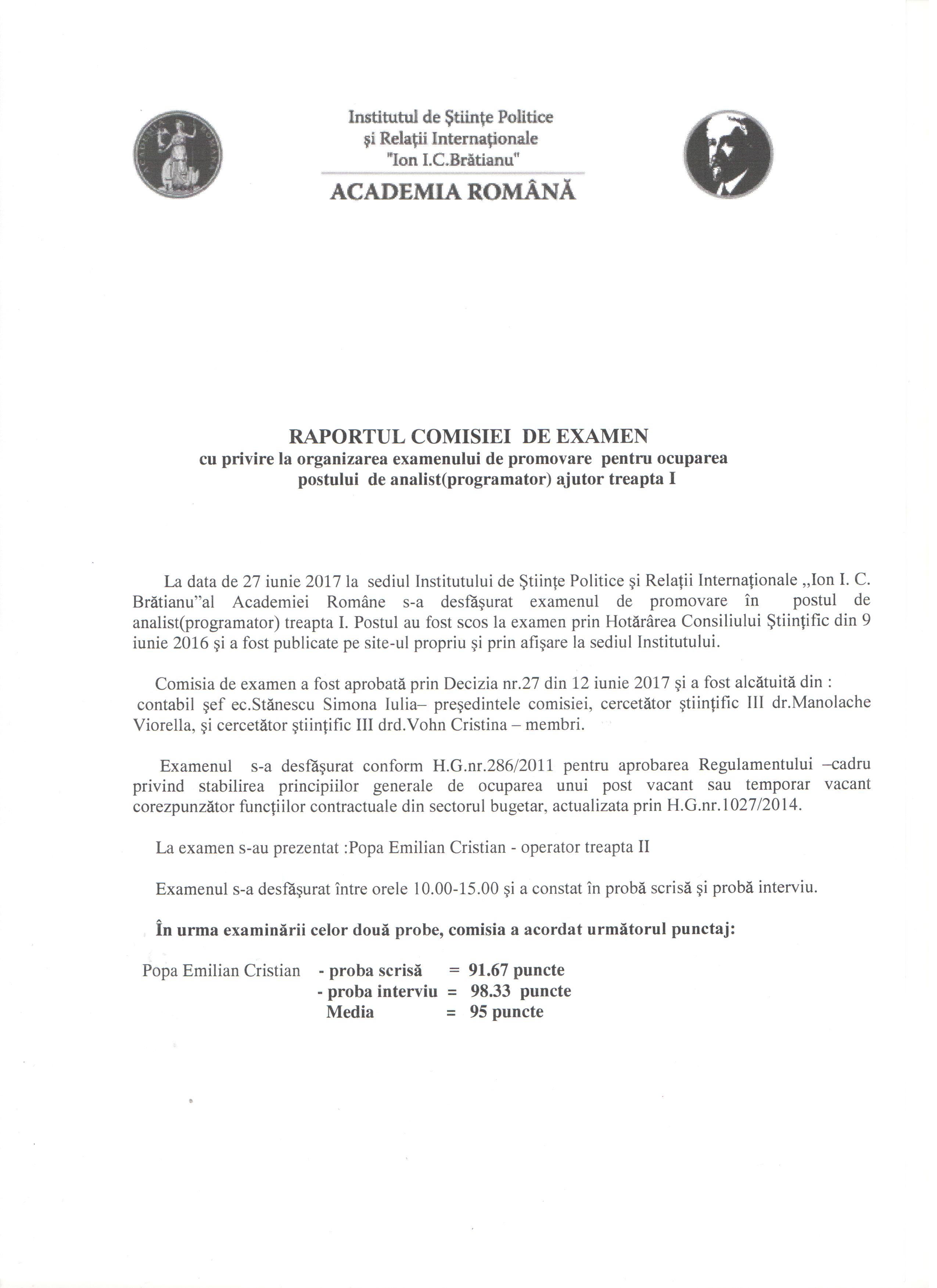 Rez.ex. de promovare pt. posturile analist progr.ajut.tr I