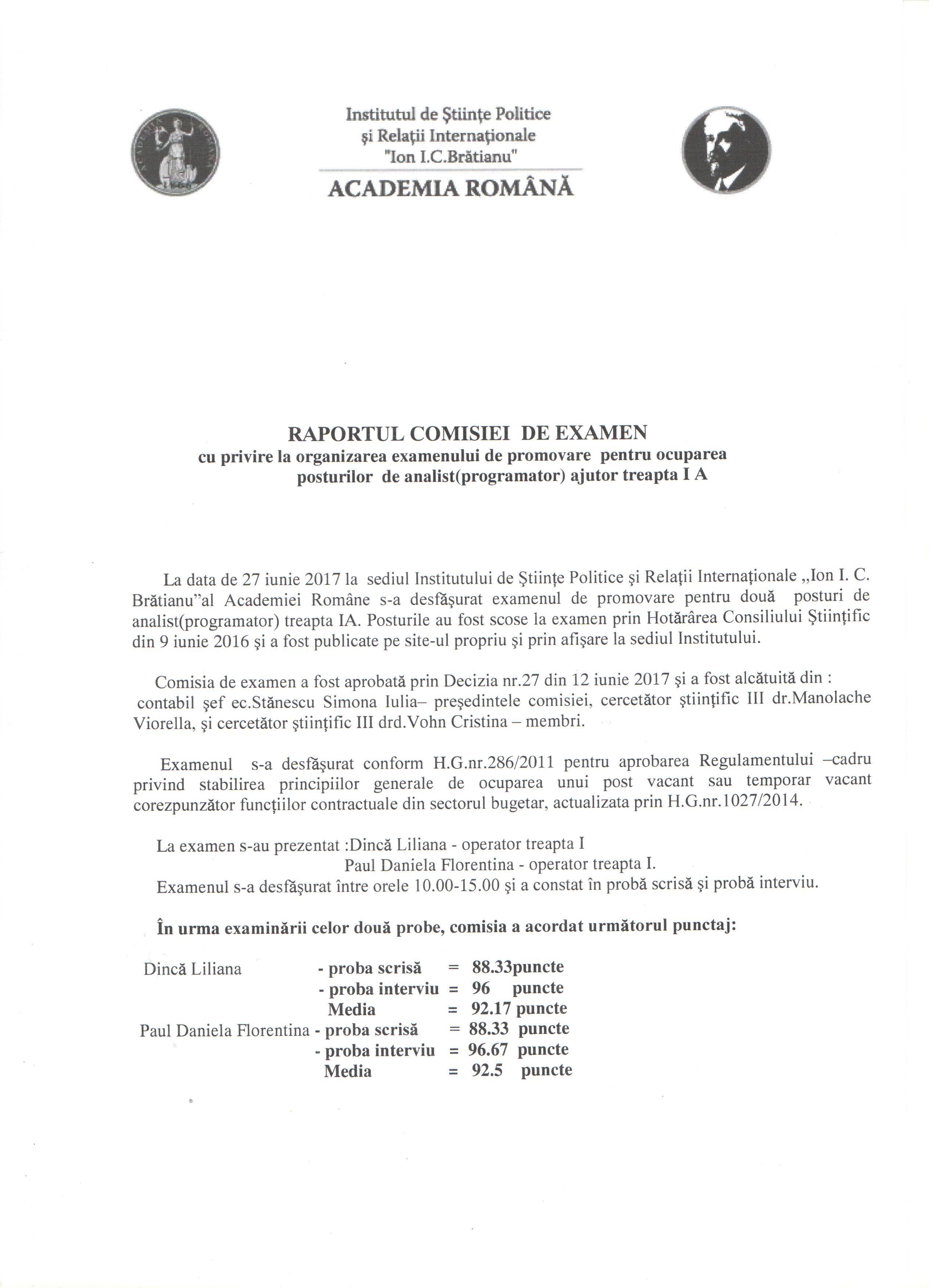 Rez.ex. de promovare pt. posturile analist progr.ajut.tr IA